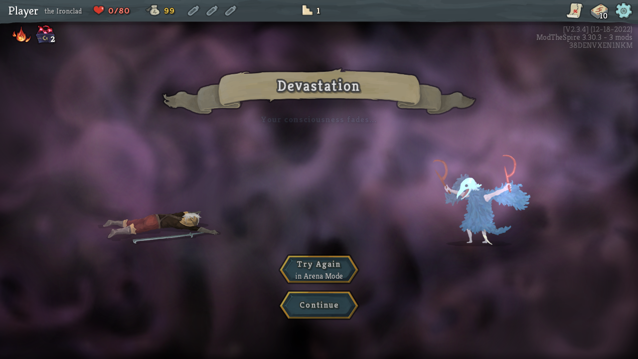 Death screen with Practice in Arena button